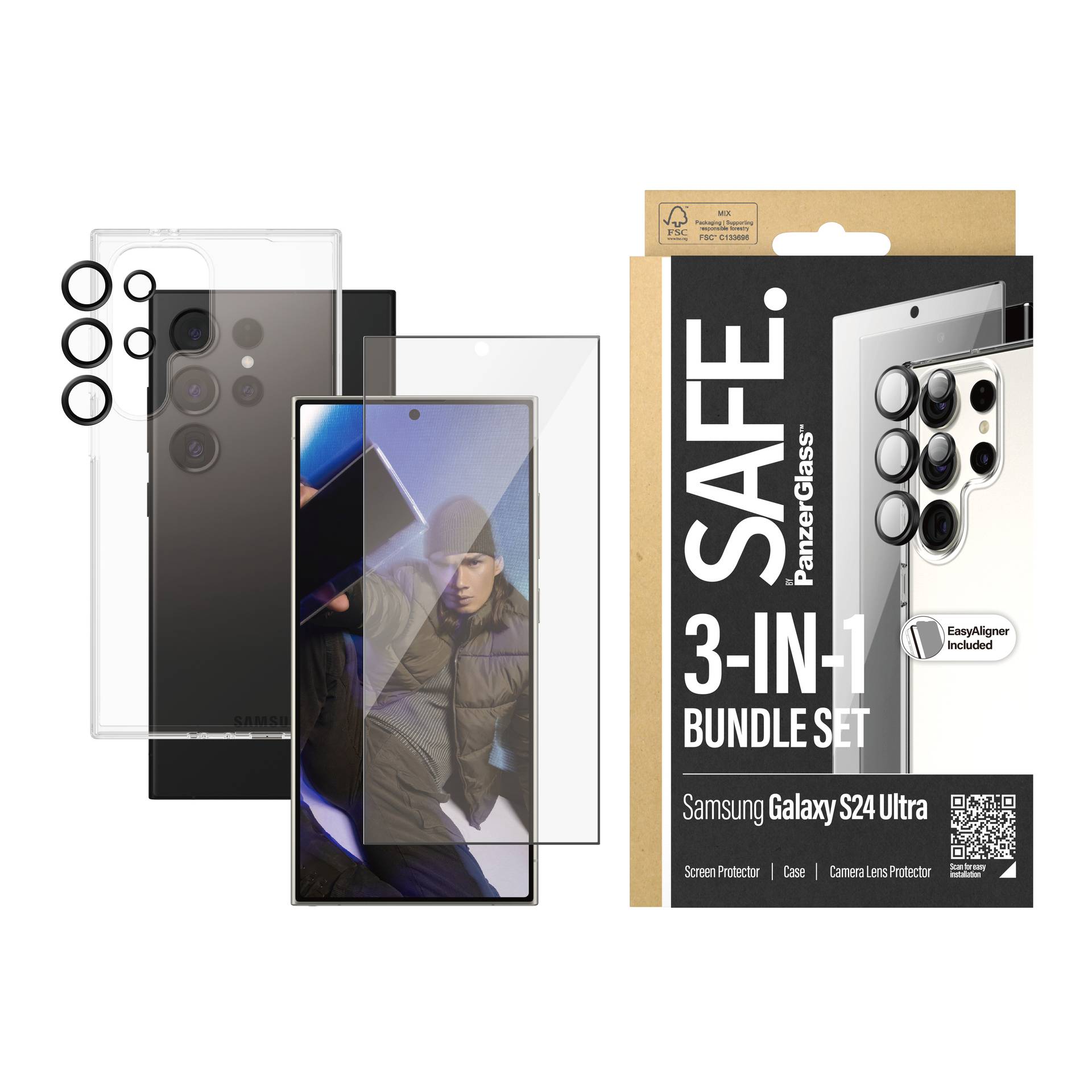 'SAFE. PanzerGlass 3-IN-1 BUNDEL SET' voor Samsung Galaxy S24 Ultra met schermbescherming, hoesje en cameralensbeveiliging getoond.