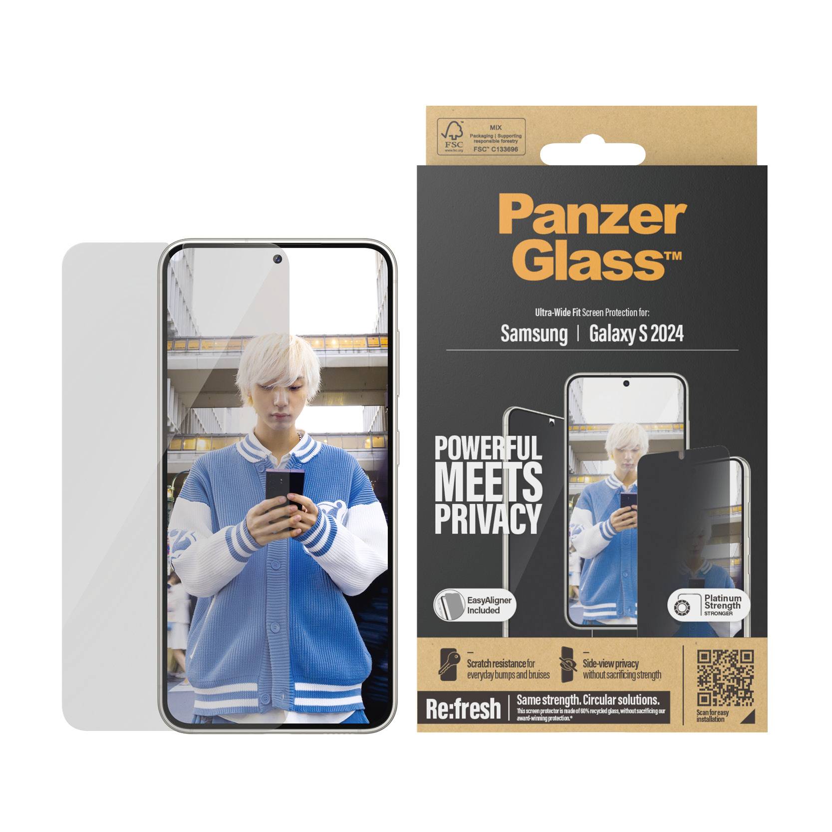 PanzerGlass Schermbeschermer voor Samsung Galaxy S 2024, afgebeeld op verpakking. Belangrijke trefwoorden: 'Powerful Meets Privacy'.