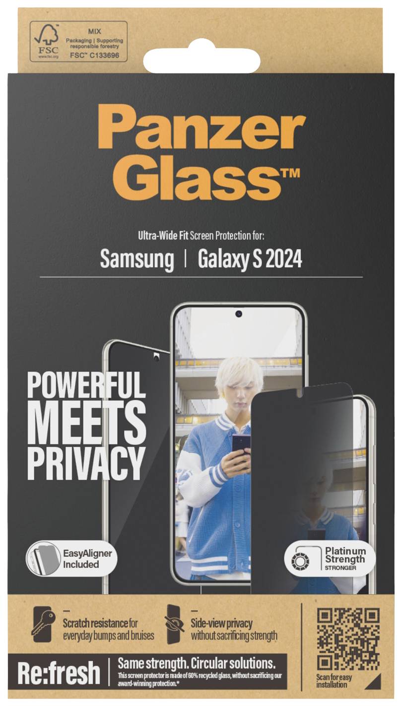 Verpakking van een PanzerGlass schermbeschermer voor Samsung Galaxy S 2024. Bevat de tekst 'Powerful Meets Privacy' en toont een afbeelding van een smartphone.