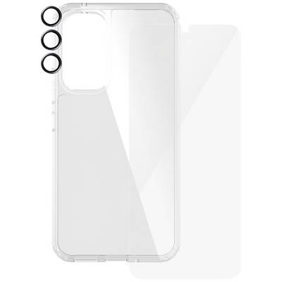Transparante telefoonhoes met aparte schermbeschermfolie en drie zwarte cameraringen, geschikt voor een smartphone met drievoudige camera.