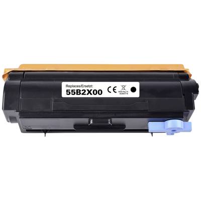 Een zwarte tonerpatroon met de opdruk 'Replaces/Vervangt: 55B2X00', geschikt voor laserprinters, voorzien van CE-markering.