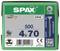 Doos met 500 Spax-schroeven, maat 4x70 mm. Bevat merkenlogo's van Spax en WiRoX evenals productnummer en QR-code.