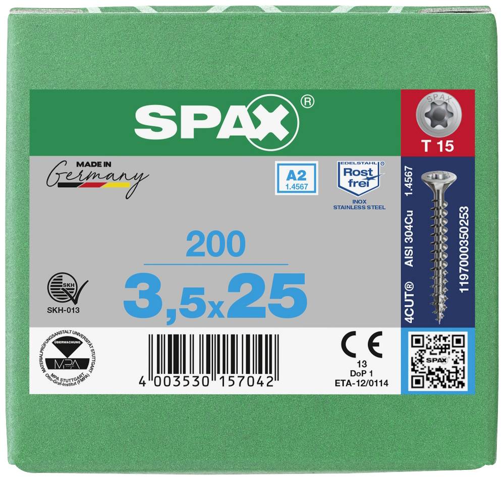 'Packaging of 200 SPAX screws, size 3.5x25 mm, made of stainless steel according to DIN standard, with T15 drive, from Germany.'