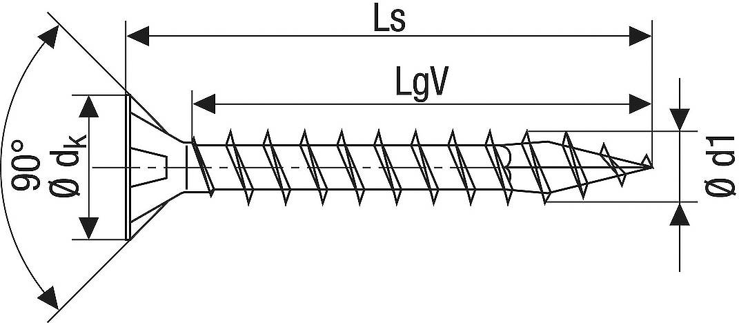 Technische tekening van een verzonken schroef met maataanduidingen: Lengte (Ls), Schroefdraadlengte (LgV), Kopdiameter (dk), Schroefdiameter (d1).