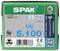 Verpakking van SPAX-schroeven 5x100 mm, 100 stuks, T20, van roestvrij edelstaal, Made in Germany, met QR-code en productinformatie.