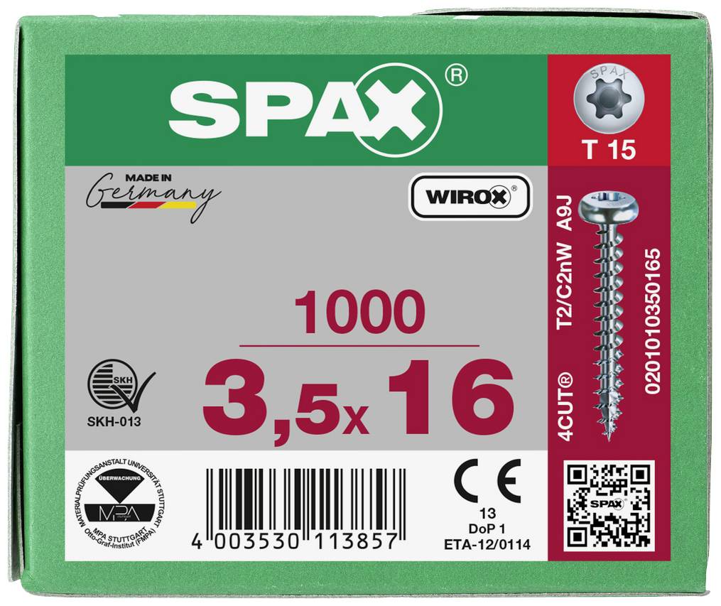 Een groene verpakking van SPAX-schroeven. Opschrift: '3,5 x 16', hoeveelheid: 1000, bevat informatie over type, afmetingen en herkomst.