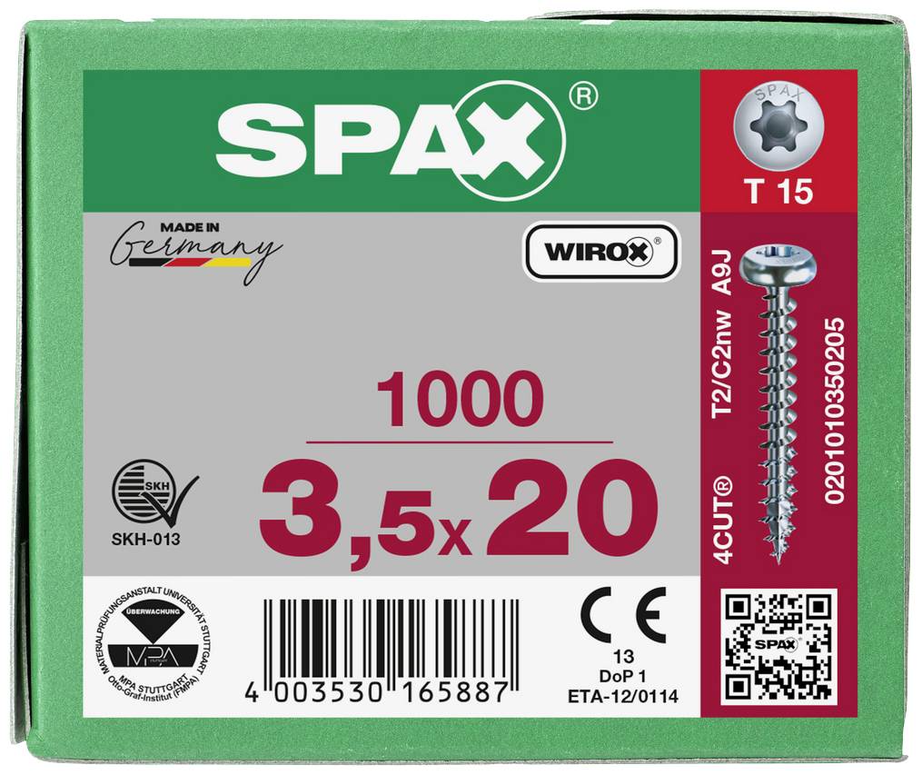 'SPAX' Schroevendoos, groen. Bevat 1000 schroeven, maat 3,5x20 mm, T 15. Gemaakt in Duitsland. QR-code en productnummer: 02010350205.