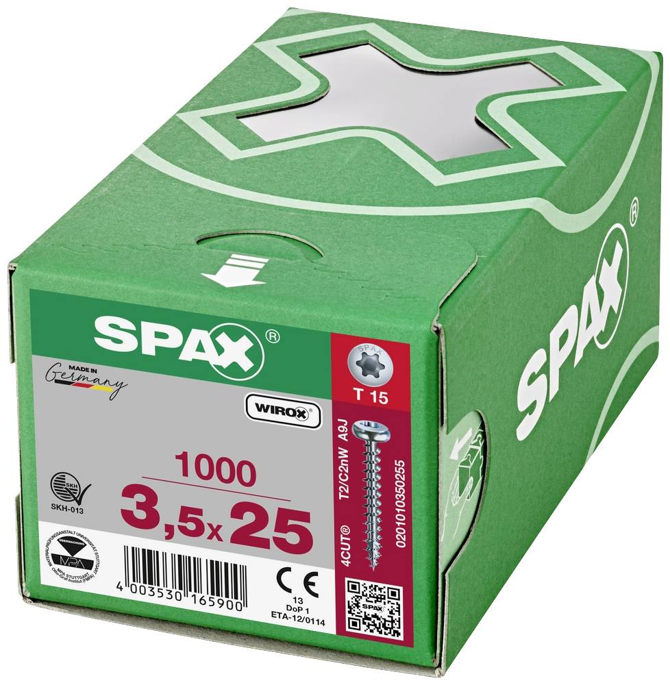Groene SPAX-schroeven doos. Opschrift: '1000, 3,5 x 25'. Made in Germany, Wirox, T15. Geschiktheidspictogrammen op de zijkant.