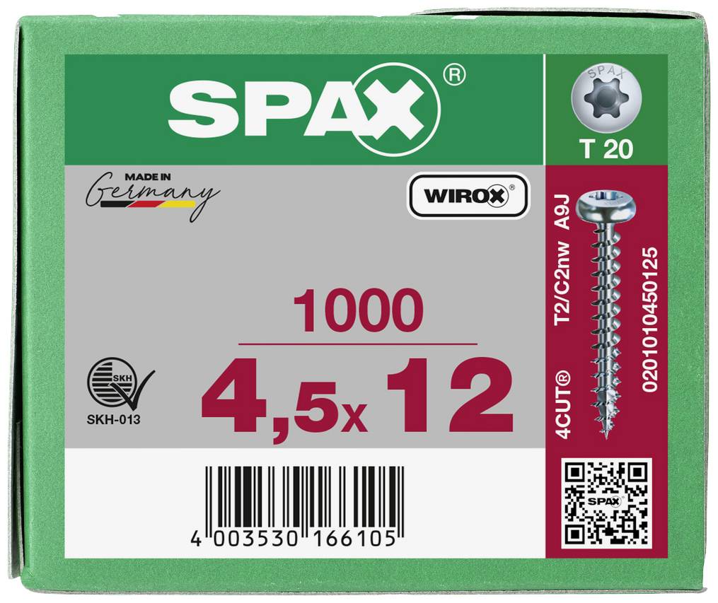 'SPAX T 20 schroeven, 1000 stuks, maat 4,5 x 12 mm, Made in Germany. Met QR-code en SKH-certificaat.'