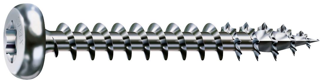 Metalen schroef met ronde kop en scherp draad, geschikt voor houtbewerkingen.