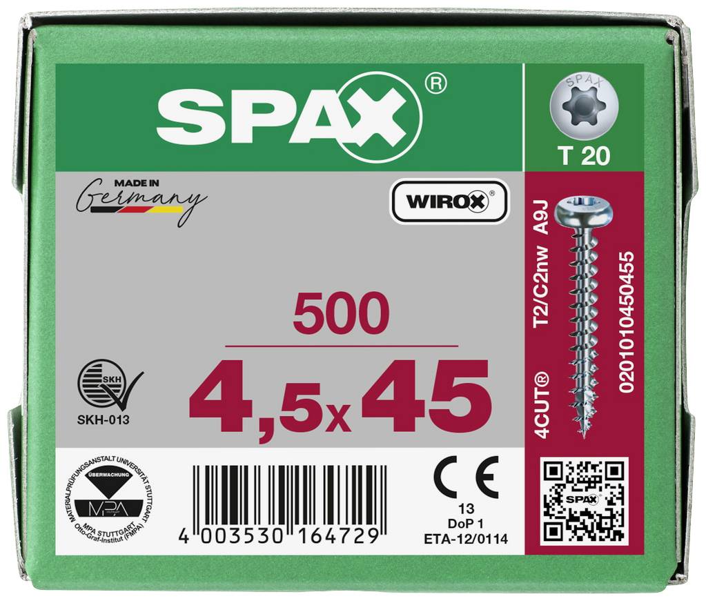 'SPAX 4,5x45' schroefverpakking met QR-code, kwaliteitszegels en 'Made in Germany' vermelding. Bevat 500 schroeven met T 20 kop.