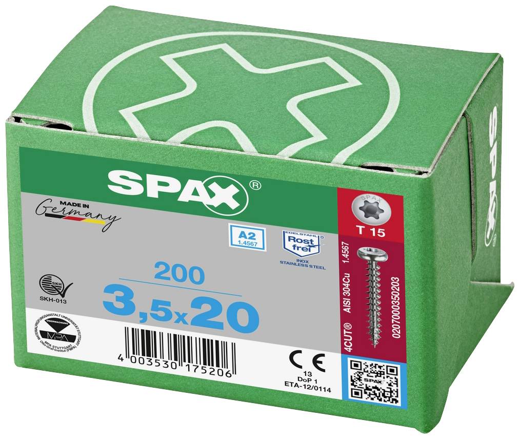 Groene SPAX-schroevenverpakking met opdruk 'Made in Germany', bevat 200 schroeven van 3,5x20 mm, vervaardigd uit roestvrij materiaal.