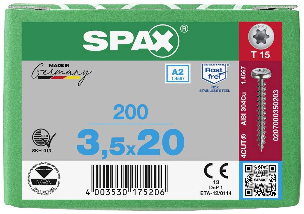 De verpakking toont SPAX-schroeven, 200 stuks, 3,5 x 20 mm, vervaardigd uit roestvrij staal AISI 304 (C1), geproduceerd in Duitsland.