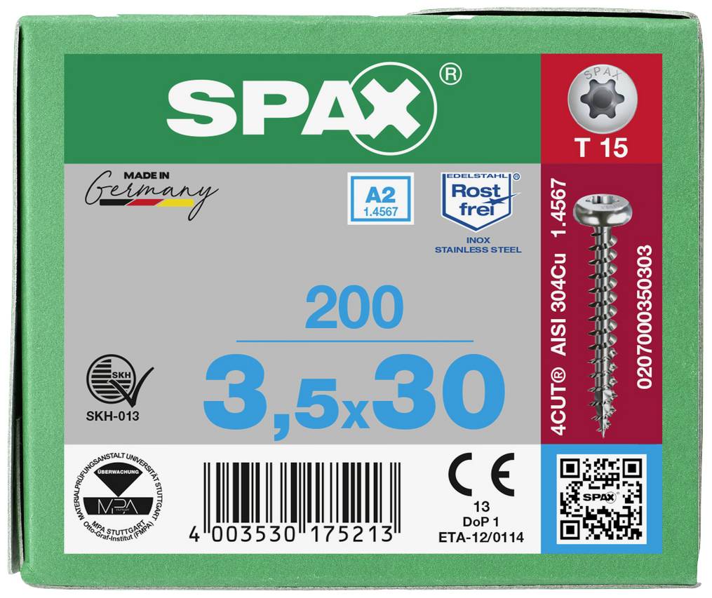 Groen SPAX-schroevenpakket, 200 stuks, afmetingen 3,5x30 mm, van roestvrij RVS A2. Bevat barcodes en veiligheidslabels.