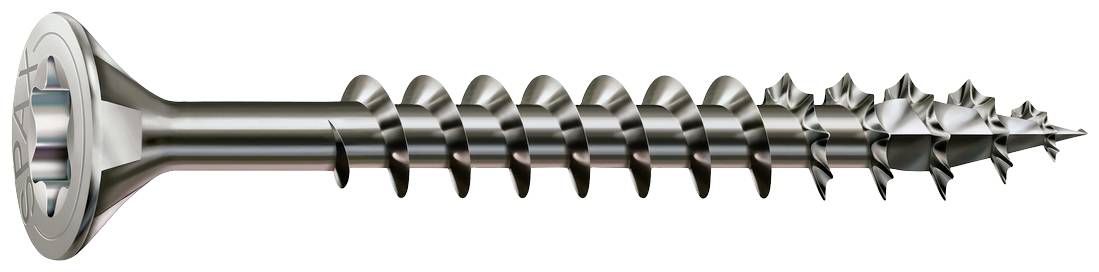 Een metalen, zilveren houtschroef met verzonken kop en doorlopend schroefdraad, liggend op een witte achtergrond.