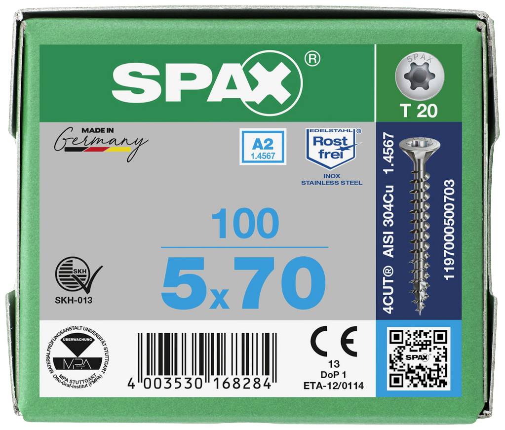Groene verpakking met 'SPAX' logo. Bevat schroeven 5x70 mm, roestvrij staal A2, 100 stuks. Bevat QR-code en veiligheidscertificaten.