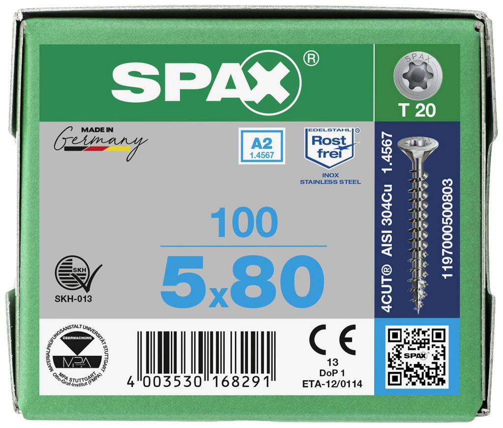 Groene verpakking van een schroef met opschrift 'SPAX', maat '5x80', hoeveelheid '100 stuks', 'Made in Germany', barcode en QR-code.