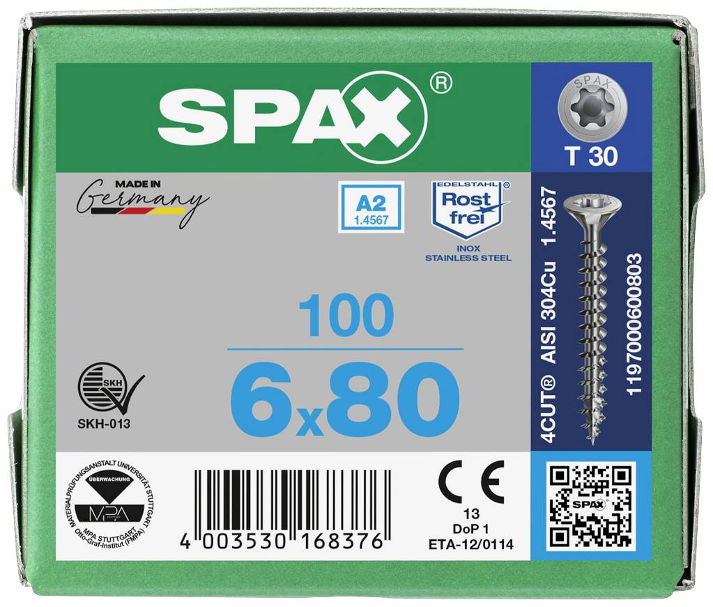 Verpakking van een doos met 100 Spax-schroeven, maat 6x80 mm, roestvrij, uit Duitsland, met barcode en QR-code gedrukt.