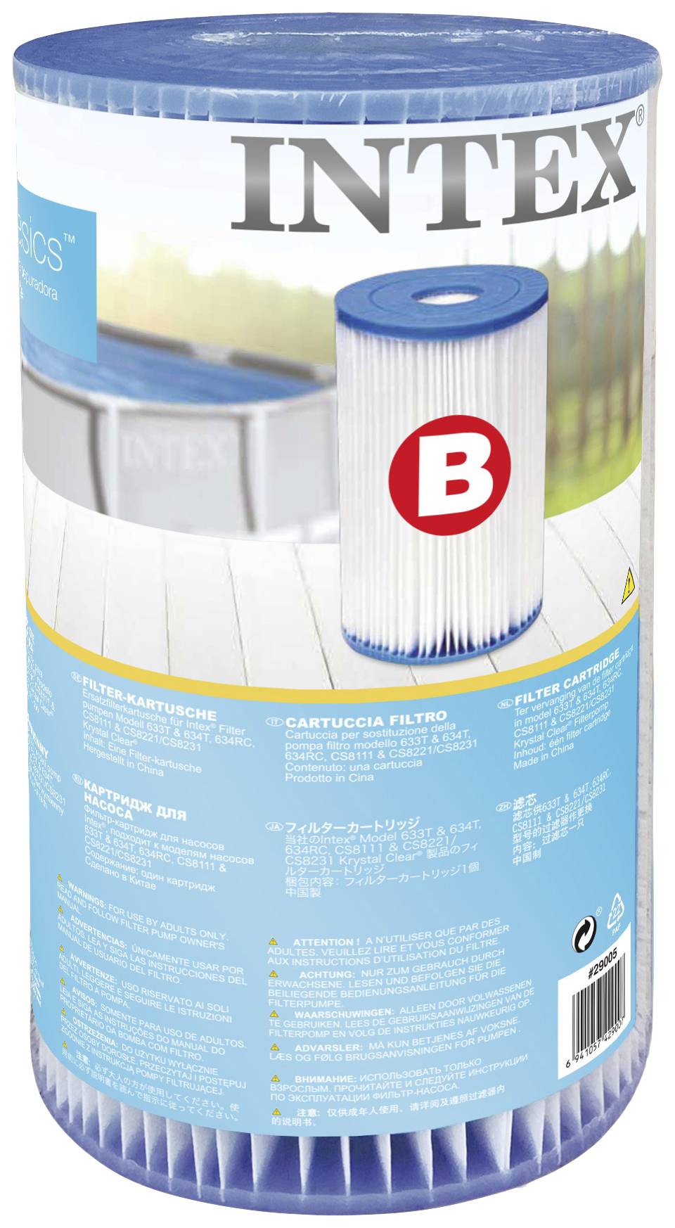 'Intex Filtercartridge B' voor zwembaden, cilindrisch, blauw-witte verpakking, geschikt voor waterreiniging in zwembaden.