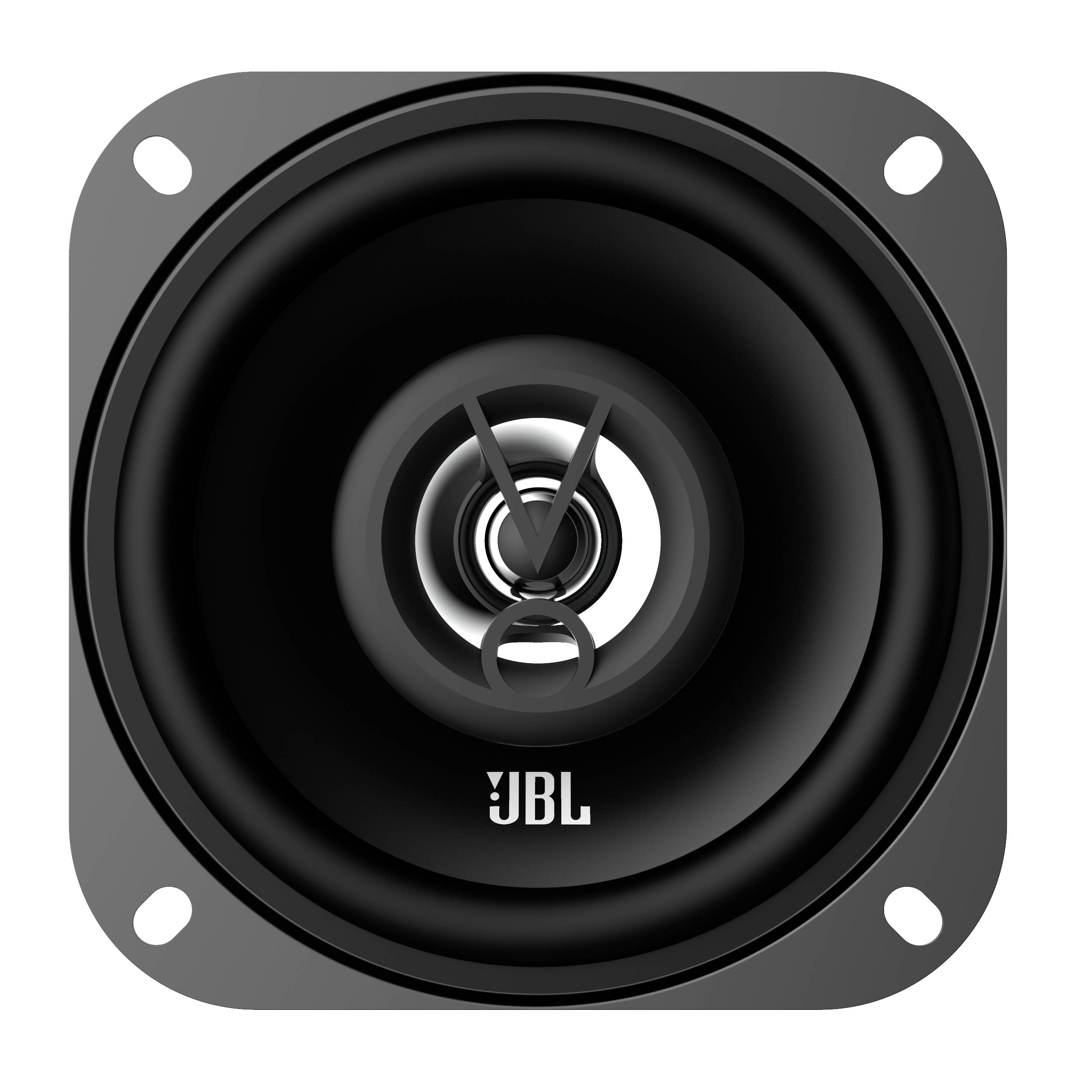 Zwarte luidspreker in vierkant frame, JBL-logo onderaan.