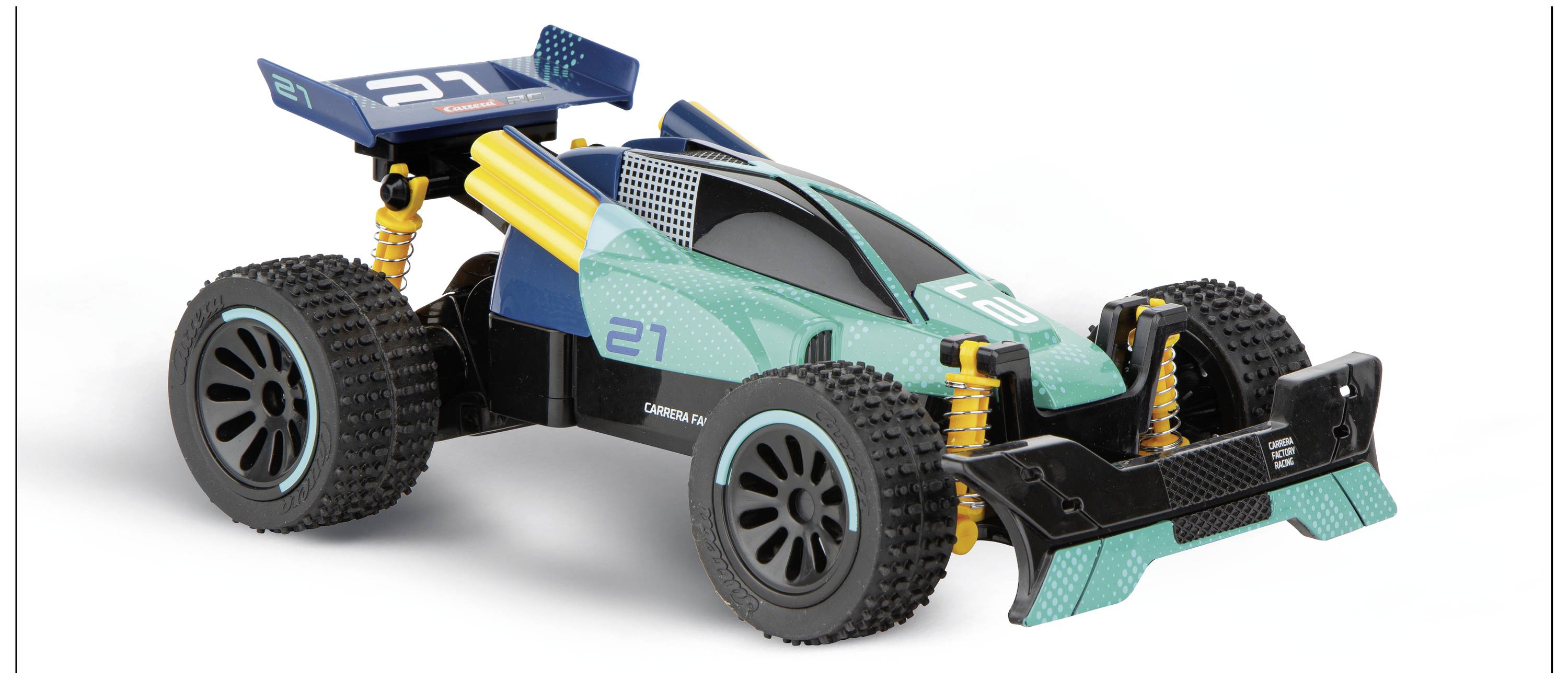 Speelgoed-raceauto met blauwe en groene accenten, gele schokdempers en het nummer '21' op motorkap en spoiler.