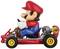 Een speelgoedauto in de vorm van een go-kart met een figuur in een rood en blauw outfit en een rode hoed achter het stuur.