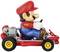 Speelgoedfiguur van een man met een rode muts en blauwe overall in een kart. Zijaanzicht, met de nadruk op de details van het voertuig.