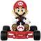 Een figuur in een rode overall en rode helm bestuurt een rode kart met een 'M'-logo op de voorkant.