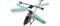 Een afstandsbediende helikopter met vier roterende rotorbladen, zwart met rode en groene accenten.