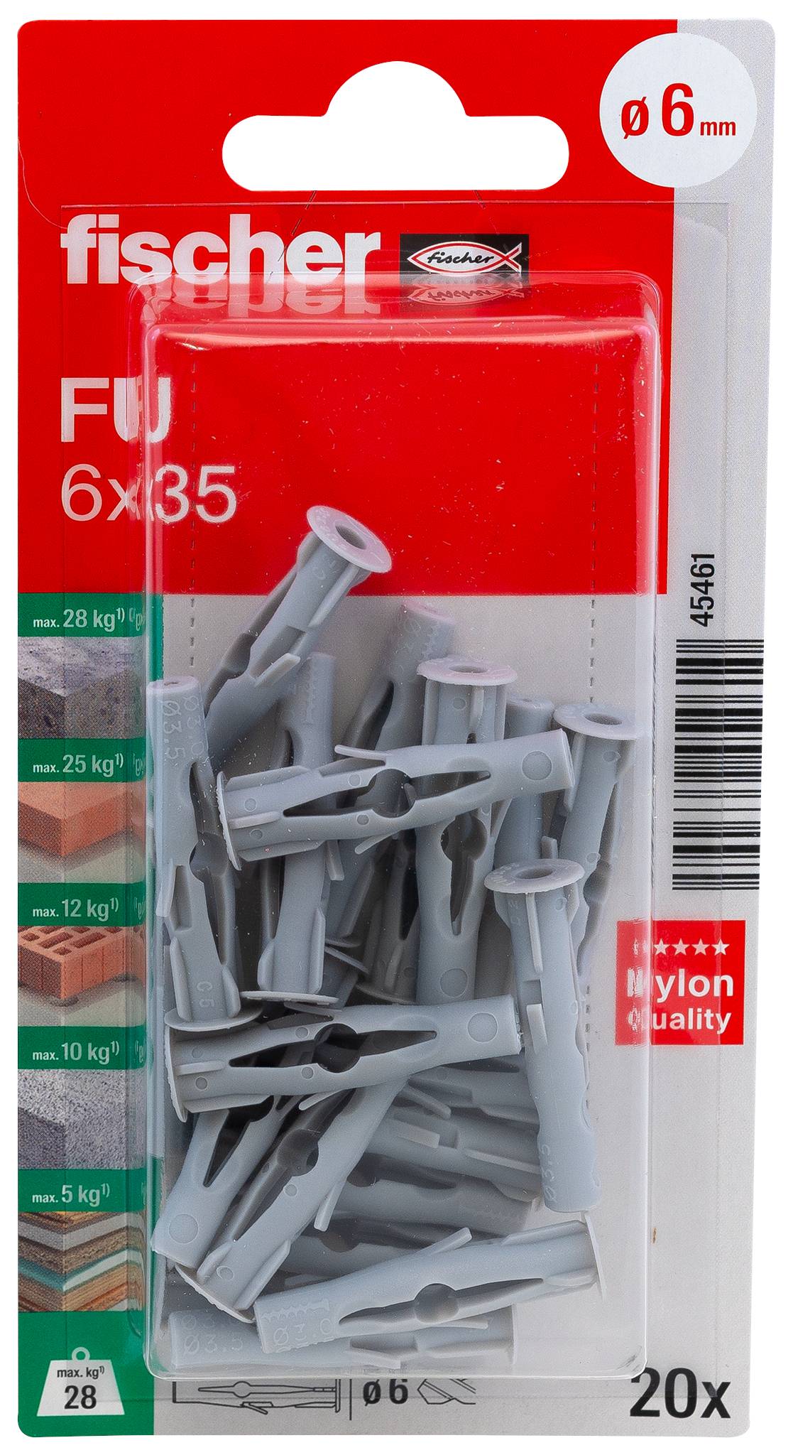 Verpakking met Fischer nylon wandpluggen, 20 stuks, voor gaten van 6 mm, maat 6x35, met belastingswaarden weergegeven op de voorkant.