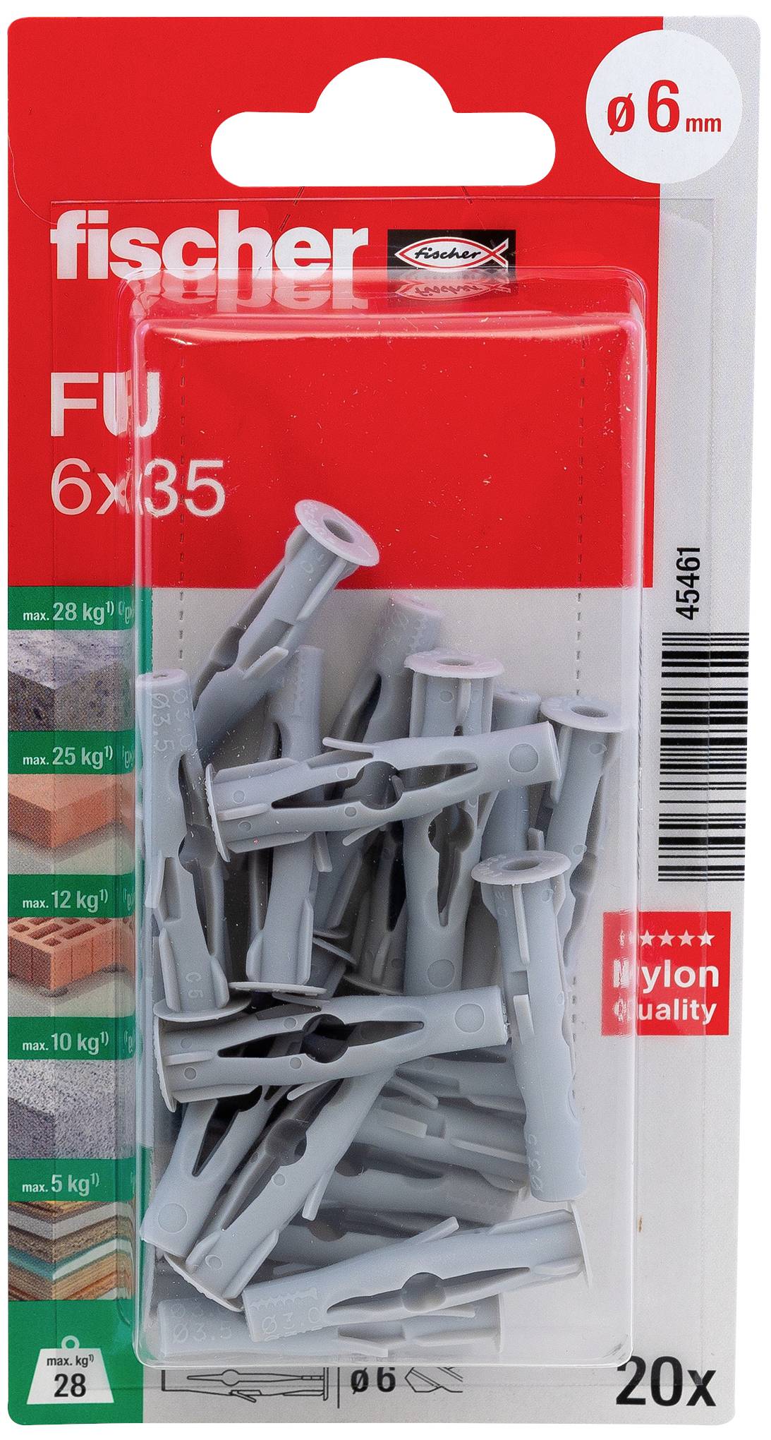 'Verpakking met 20 grijze Fischer FU 6x35 nylon-pluggen, geschikt voor beton, metselwerk en bakstenen. Maximale draagcapaciteit: 28 kg.'