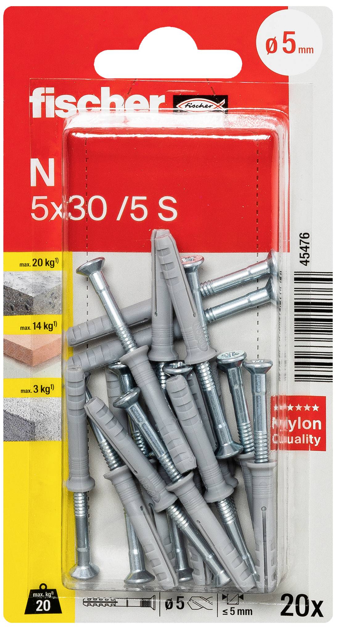 Fischer plugset, maat Ø 5 mm. Bevat 20 pluggen met bijpassende schroeven in blisterverpakking. Ideaal voor 5 mm boorgaten.