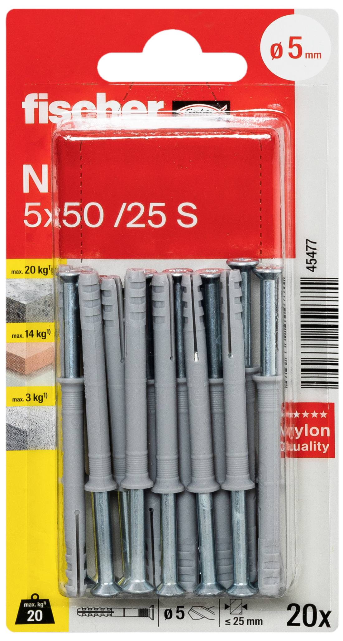 'Fischer Nylon-plug N 5x50 /25 S, 20 stuks, geschikt voor 20 kg belasting. Nylon-kwaliteit, diameter 5 mm, lengte 50 mm, 14 kg in beton.'