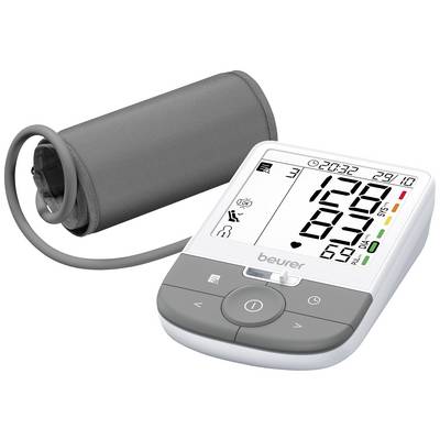Digitaal bloeddrukmeetapparaat met manchet; toont meetwaarden voor systolische en diastolische druk alsmede hartfrequentie op een display.
