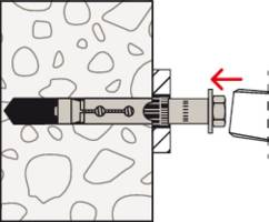 Dwarsdoorsnedediagram van een muuranker in beton; een moersleutel draait een schroef aan om de verankering te bevestigen.