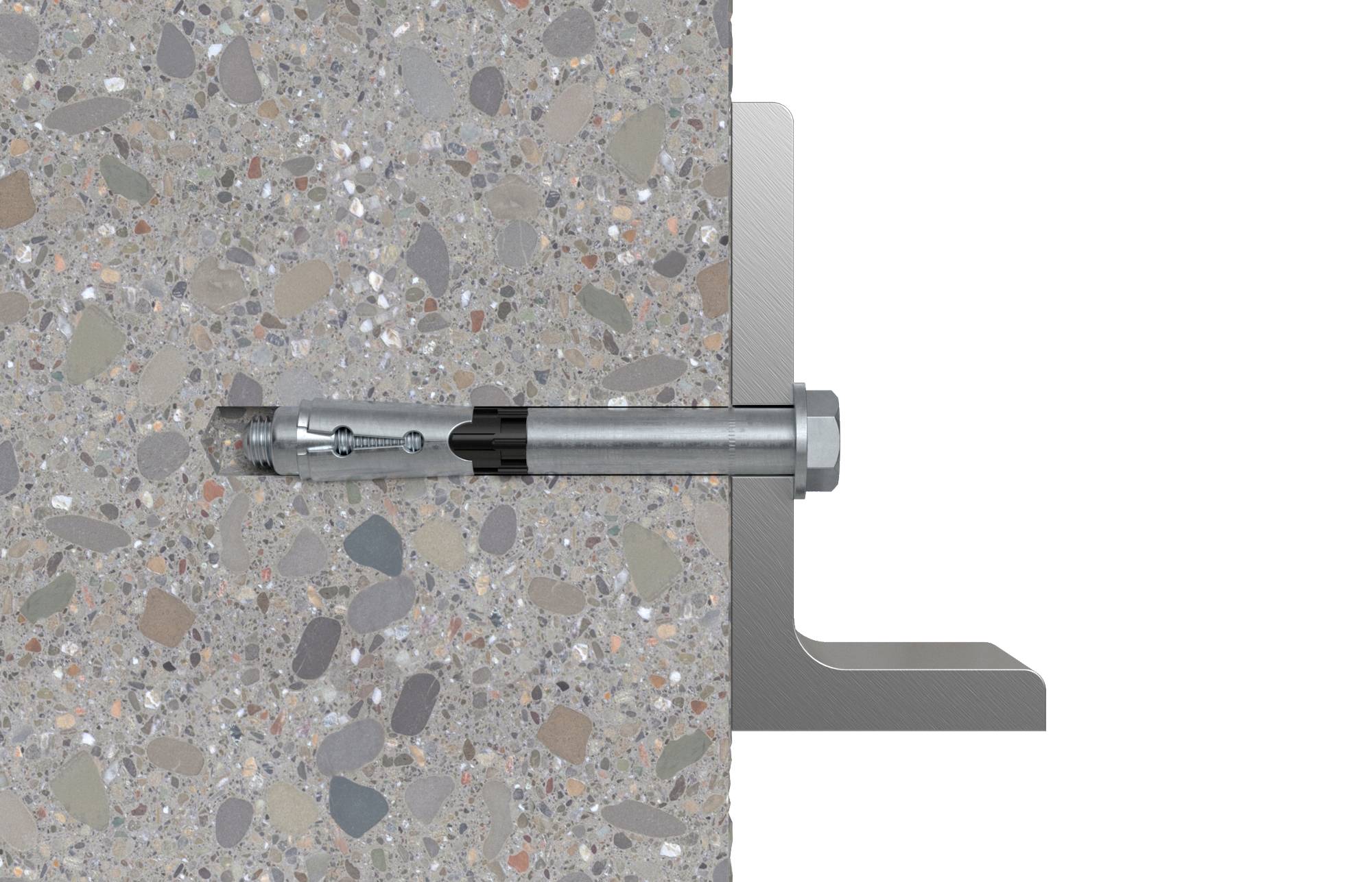 Een schroefanker bevestigt een metalen onderdeel aan een betonnen muur. Het metalen onderdeel is haaks aangebracht.