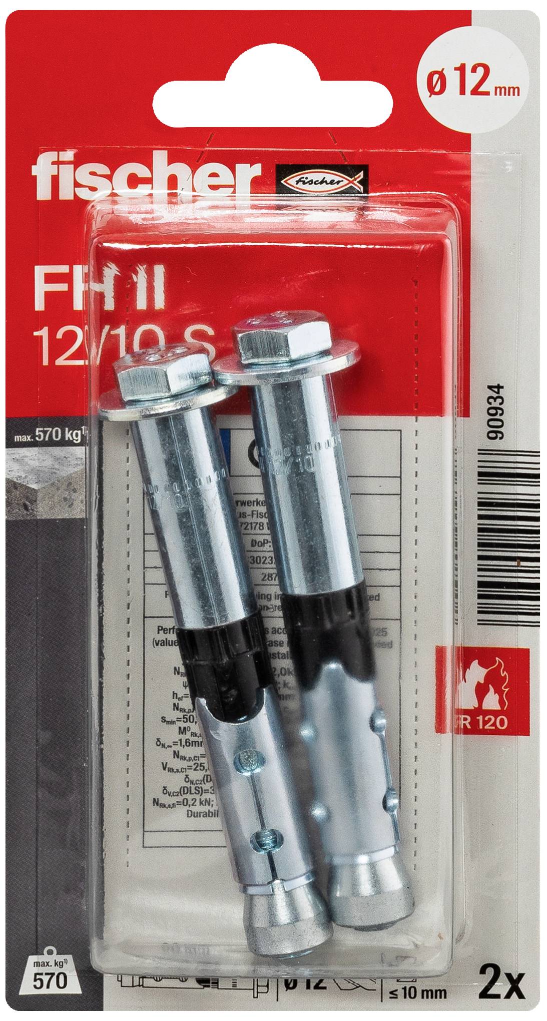 Twee Fischer Zware Metalen Ankers, Model FH II 12/10 S, verpakt op rode kartonnen doos. Geschikt voor zware belastingen en brandgetest.