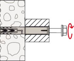 Doorsnede van een muur met een plug. De plug is gedeeltelijk verankerd in de muur, een schroevendraaier draait de schroef vast.
