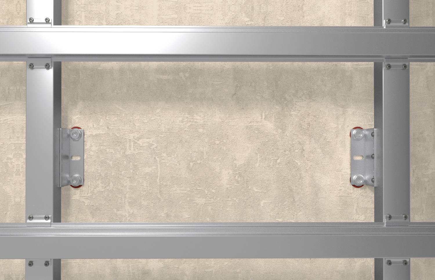 Metalen frame met bevestigingen aan een onafgewerkte muur, toont constructiedetails tijdens het bouwproces.