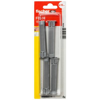 Pakket met vier Fischer FISH kunststof wandpluggen, maat 16 mm, afgebeeld in duidelijke blisterverpakking op een rood en geel achtergrondje.