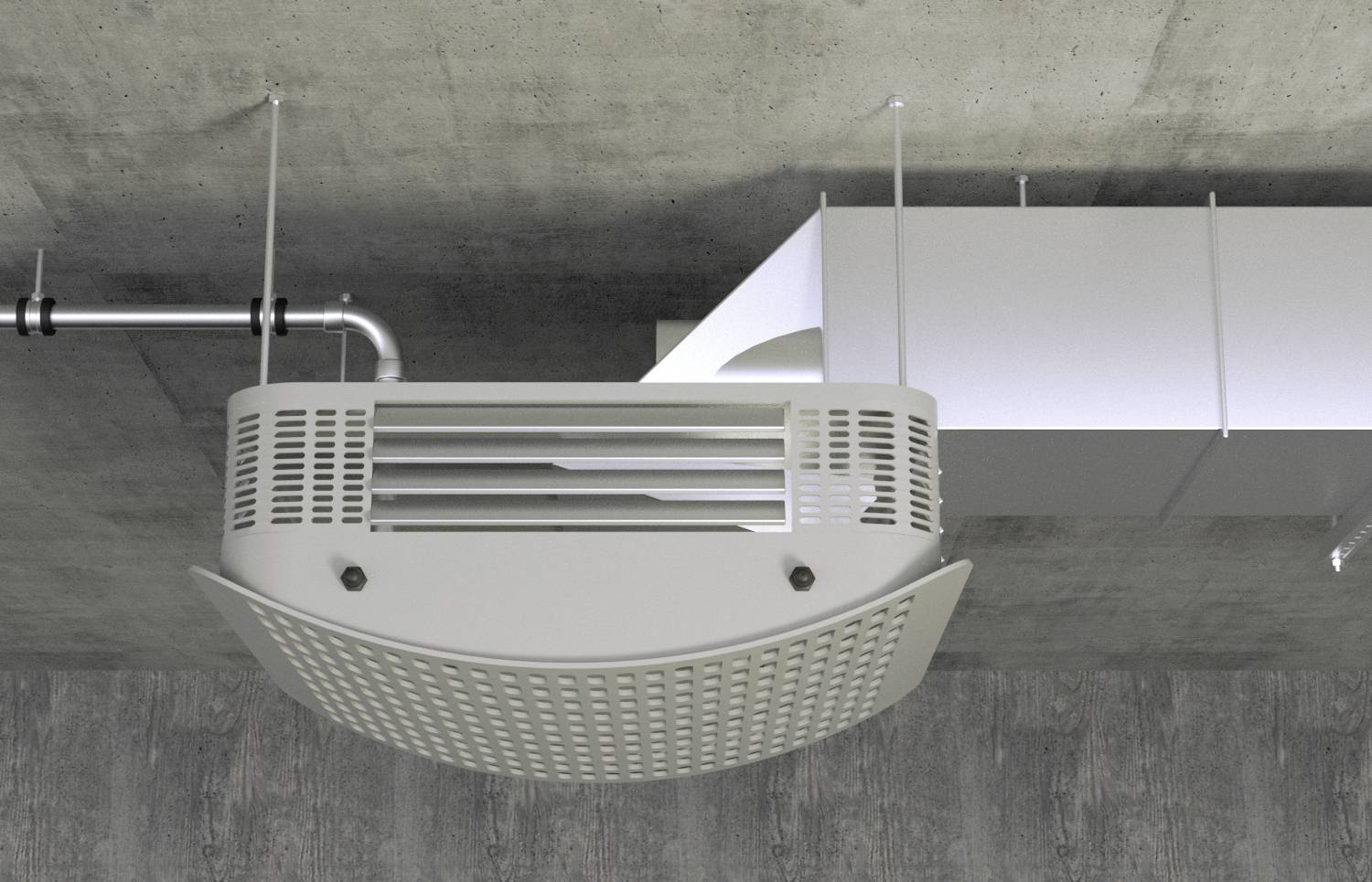 Een witte plafondventilator met ventilatierooster is gemonteerd aan een betonnen plafond. Naast de ventilator lopen ventilatiebuizen.