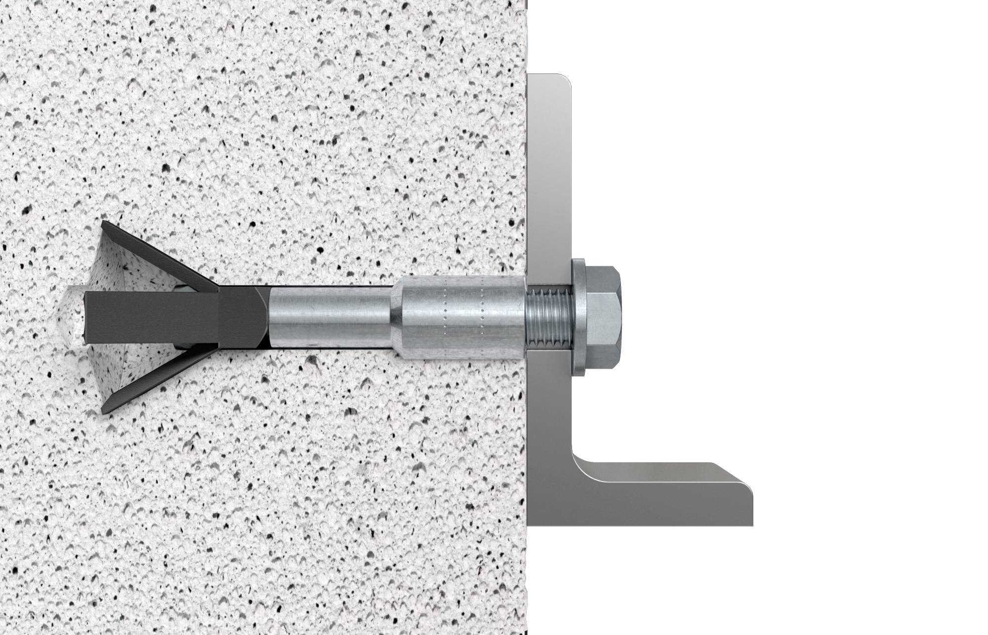 Doorsnedediagram van een bouten anker dat in beton is verankerd, met een metalen schijf en moer om een drager vast te houden.