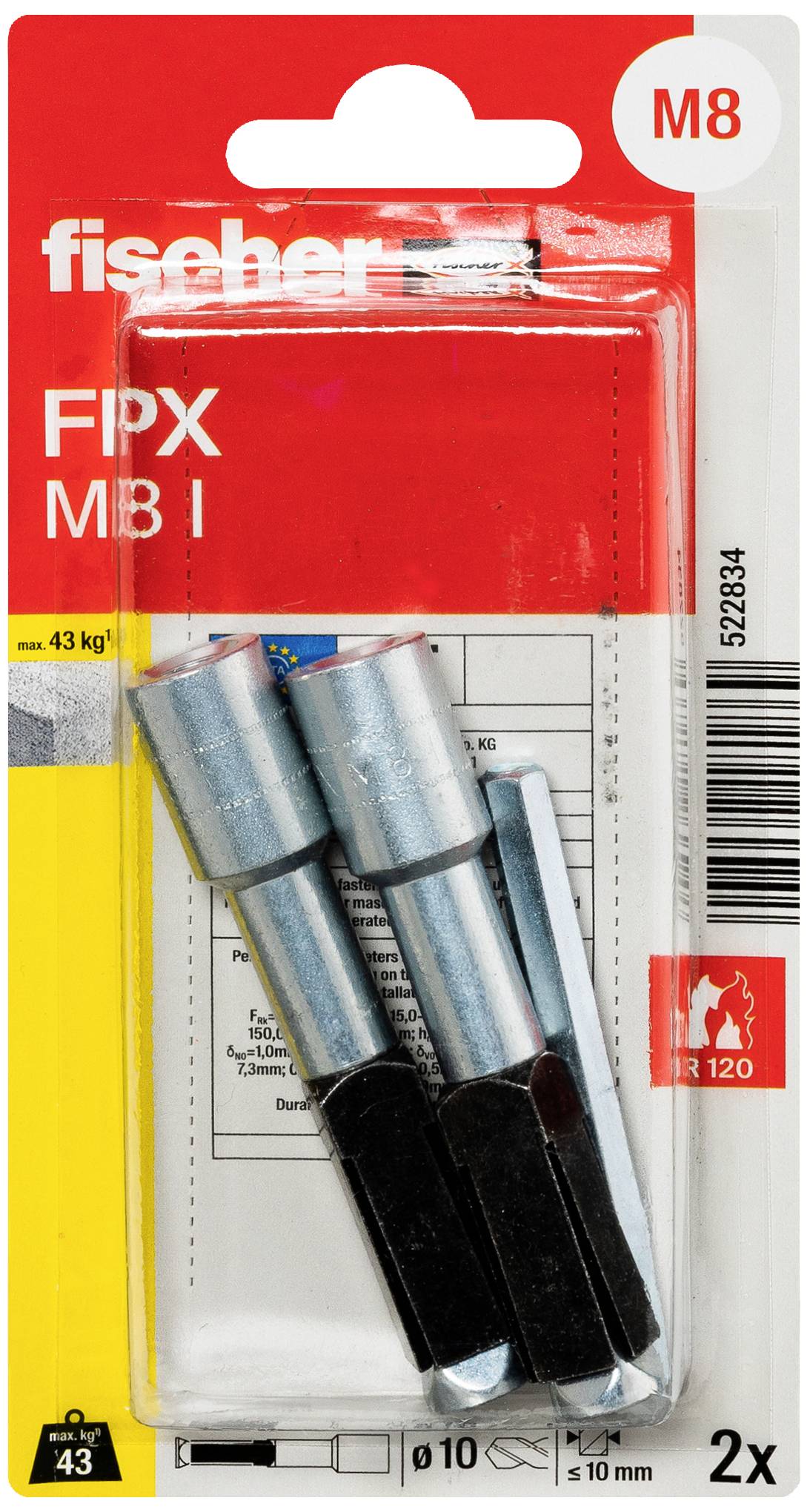 'Fischer FPX M8', verpakking met twee metalen ankers, geschikt voor 10 mm boringen. Opschrift: M8, draagvermogen tot 43 kg, hittebestendig tot 120°C.