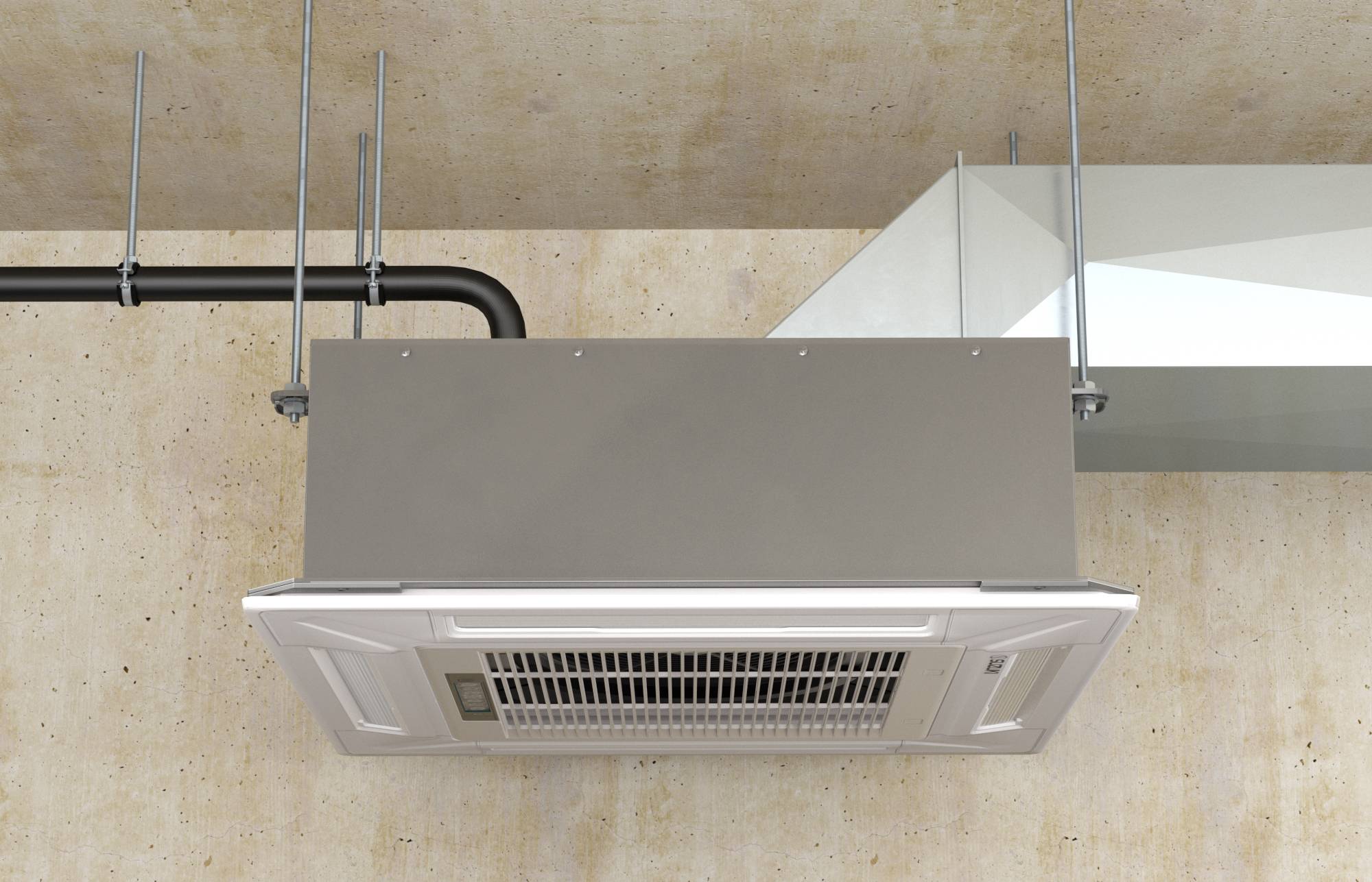 Aan het plafond gemonteerde afzuigkap voor de keuken met zichtbare luchtkanalen en een aan de muur gemonteerde ventilatieopening boven het kookplatform.