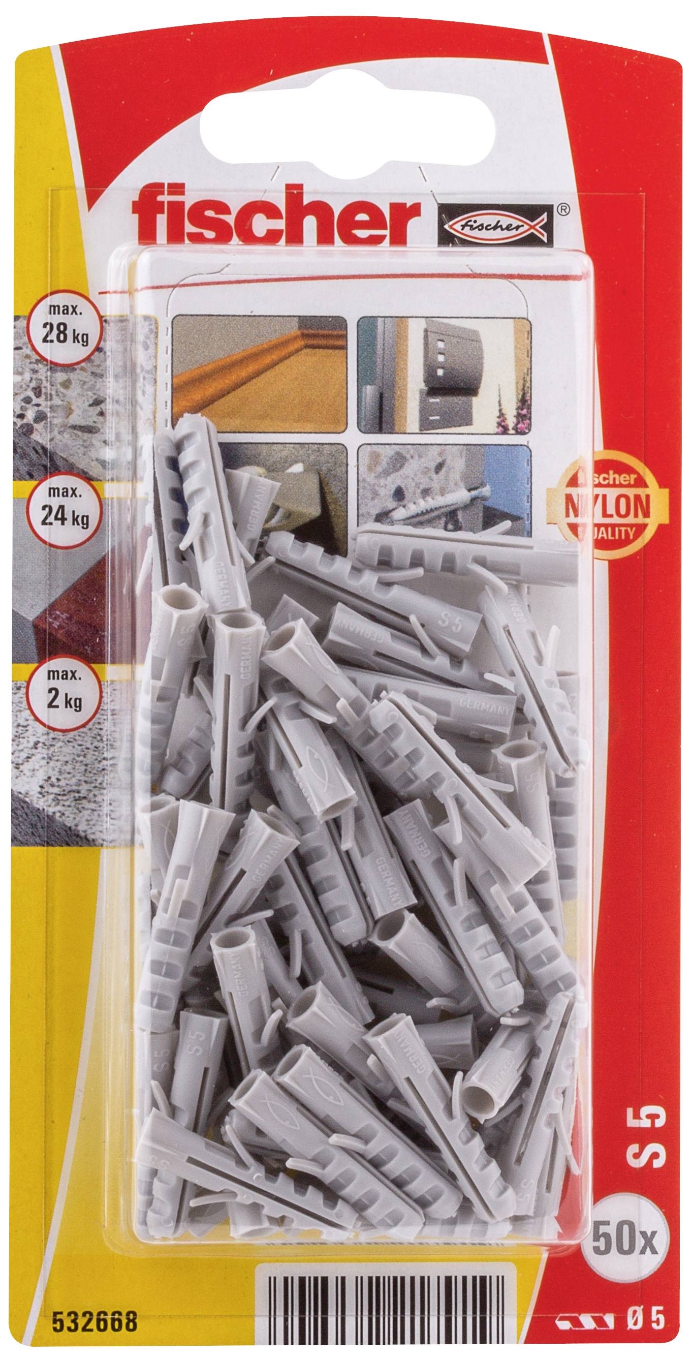 Verpakking van Fischer S5 pluggen, 50 stuks, maximale draagkracht 28 kg. Bevat gebruiksaanwijzingen voor verschillende oppervlakken.