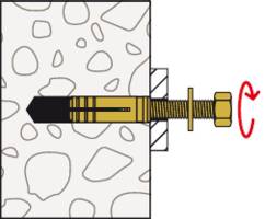 Een tekening toont een pluggen dat verankerd is in een betonnen muur. Een rode pijl geeft de richting aan waarin de schroef wordt gedraaid.