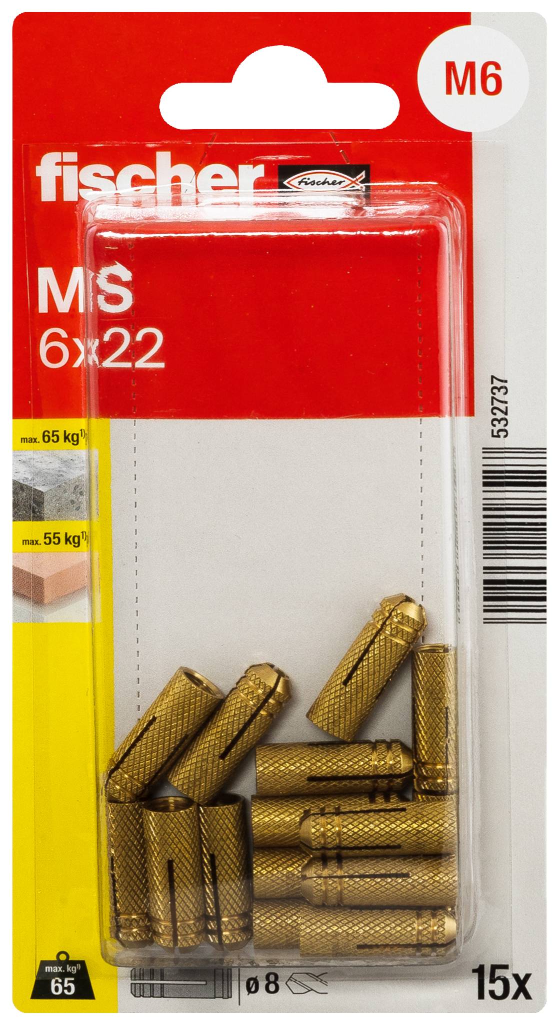 Pakket Fischer MS 6x22 metalen wandankers, M6 maat, 15 stuks, met draagvermogen aangegeven op het etiket.