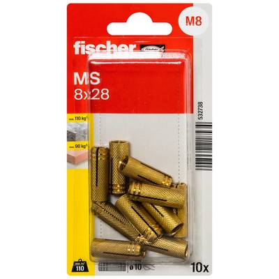Pakket Fischer MS 8x28 M8 metalen expansieankers, 10 stuks, maximale belasting 110 kg, in rood en geel blisterverpakking.