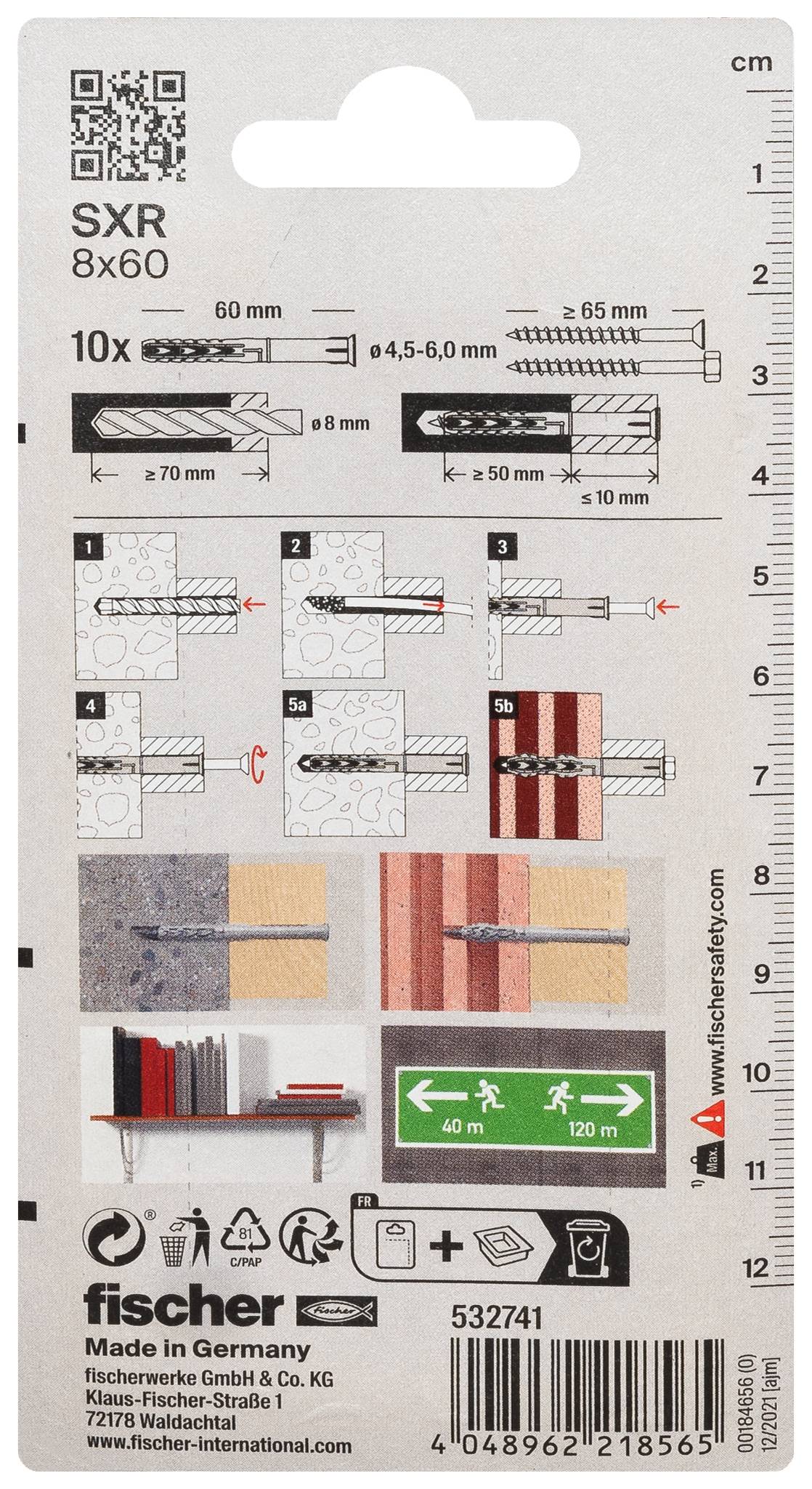 Pakketlabel voor Fischer SXR 8x60 wandstekkers, met boormachine- en schroefinstallatiediagrammen, afmetingen en een belastingsgraad van 10x.