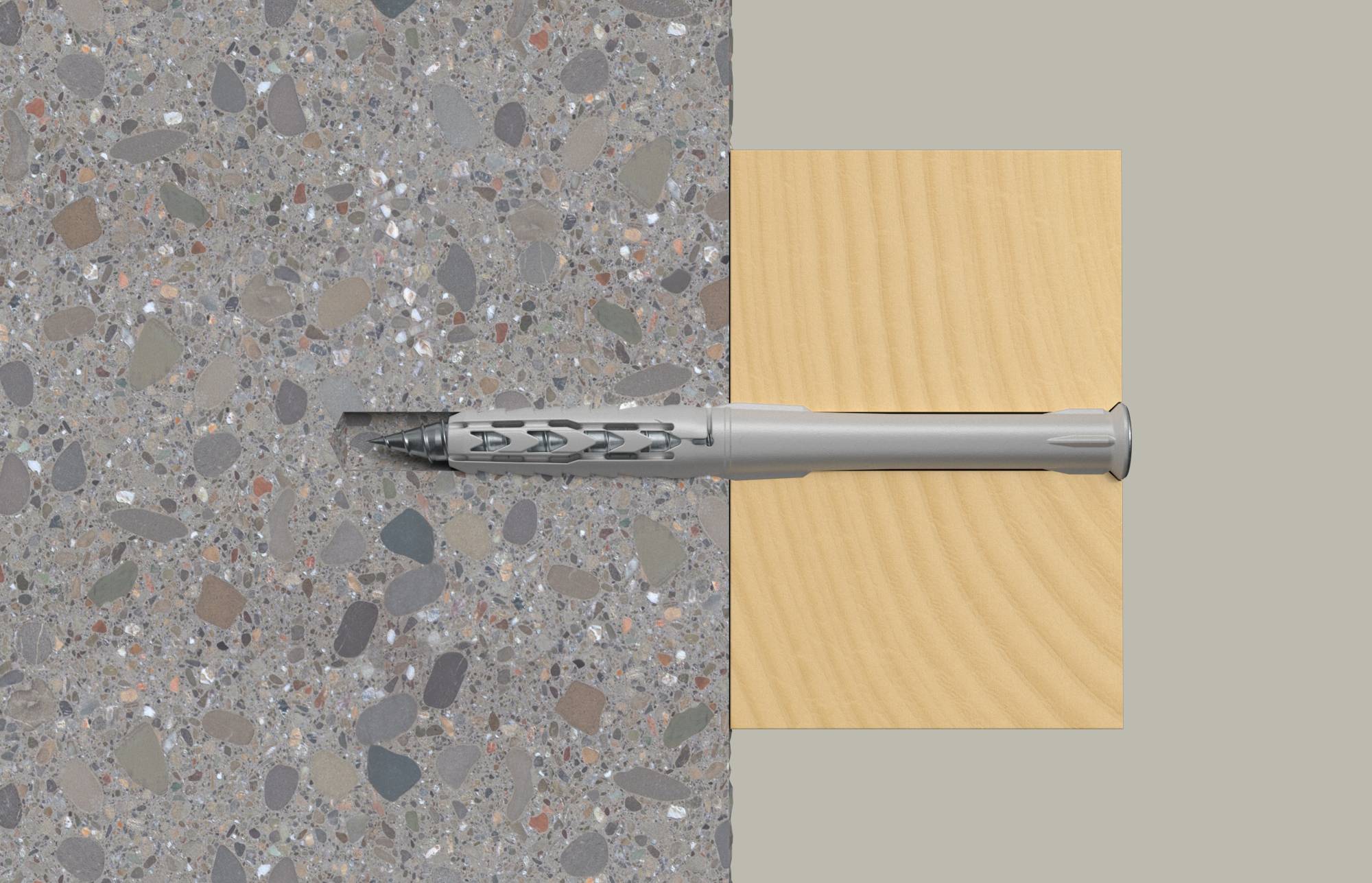 Pen horizontaal ingebed in de voeg tussen een gevlekt betonnen oppervlak en een licht houtpaneel.